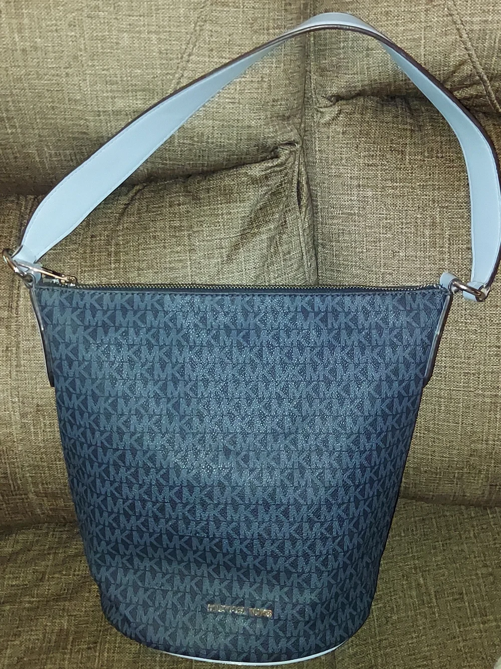 Michael Kors Navy Monogram Bucket Hobo with Light Blue Strap